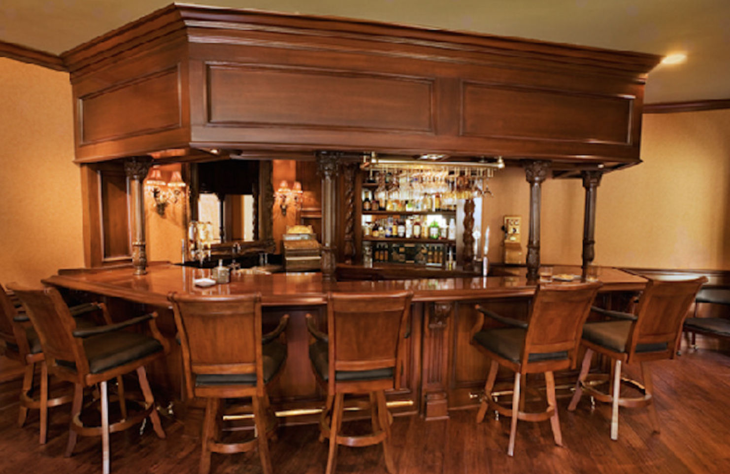 Octagonal wood bar canopy with custom stools