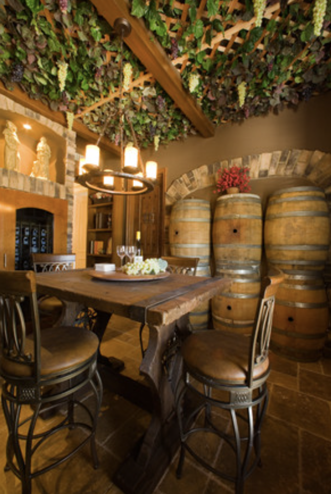 Wine barrel and tasting room with grapevine ceiling