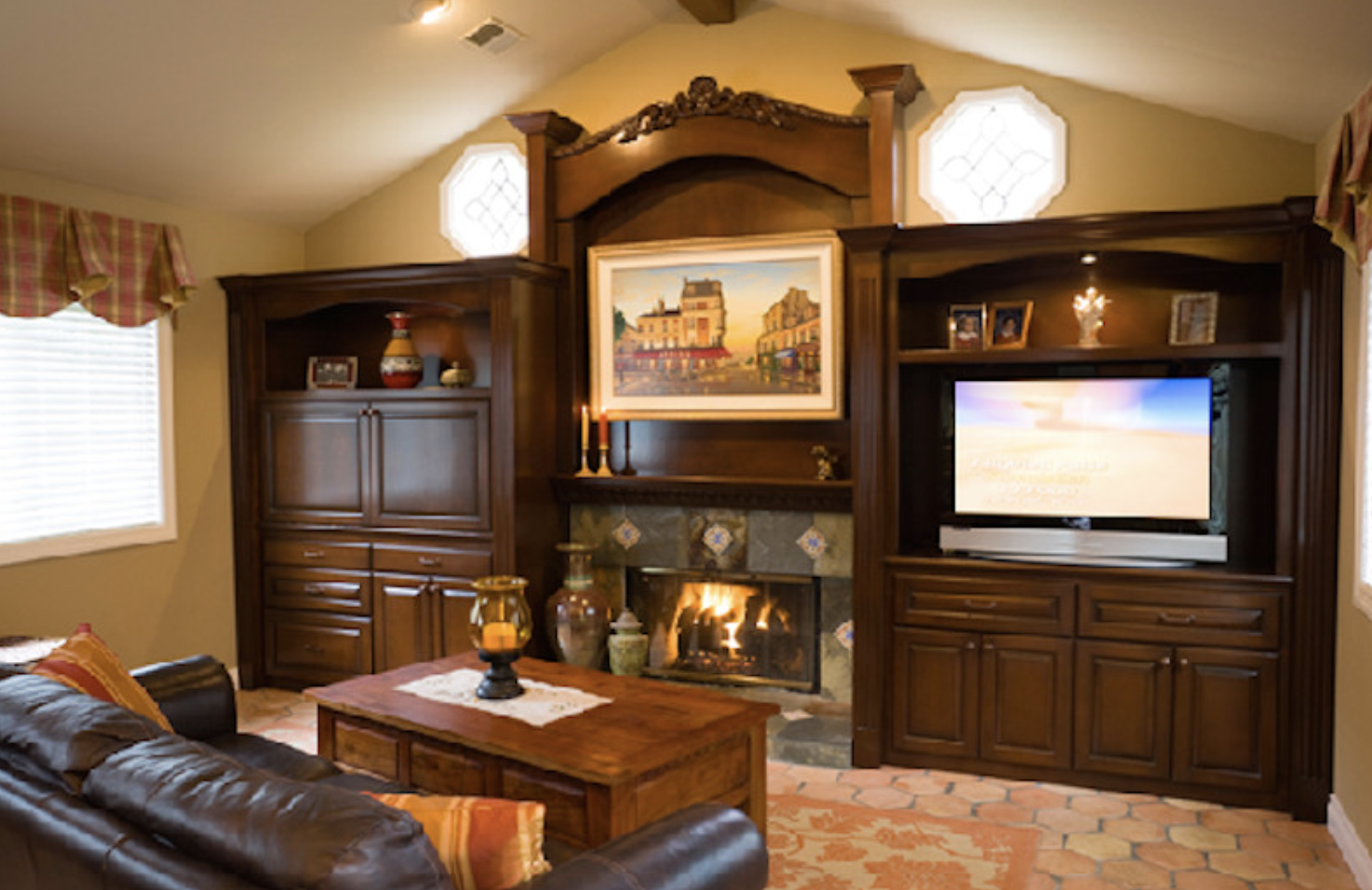 Dark wood built-in entertainment center
